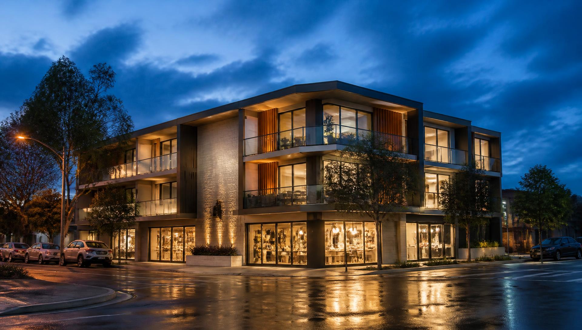 Artist impression of a modern three-storey building with three retail shops at street level