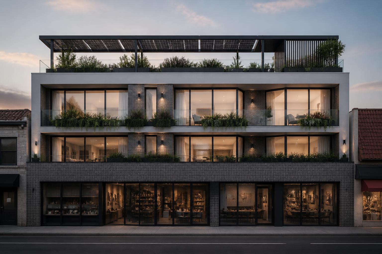 Artist impression of the building elevation showing balconies, planter boxes and rooftop solar