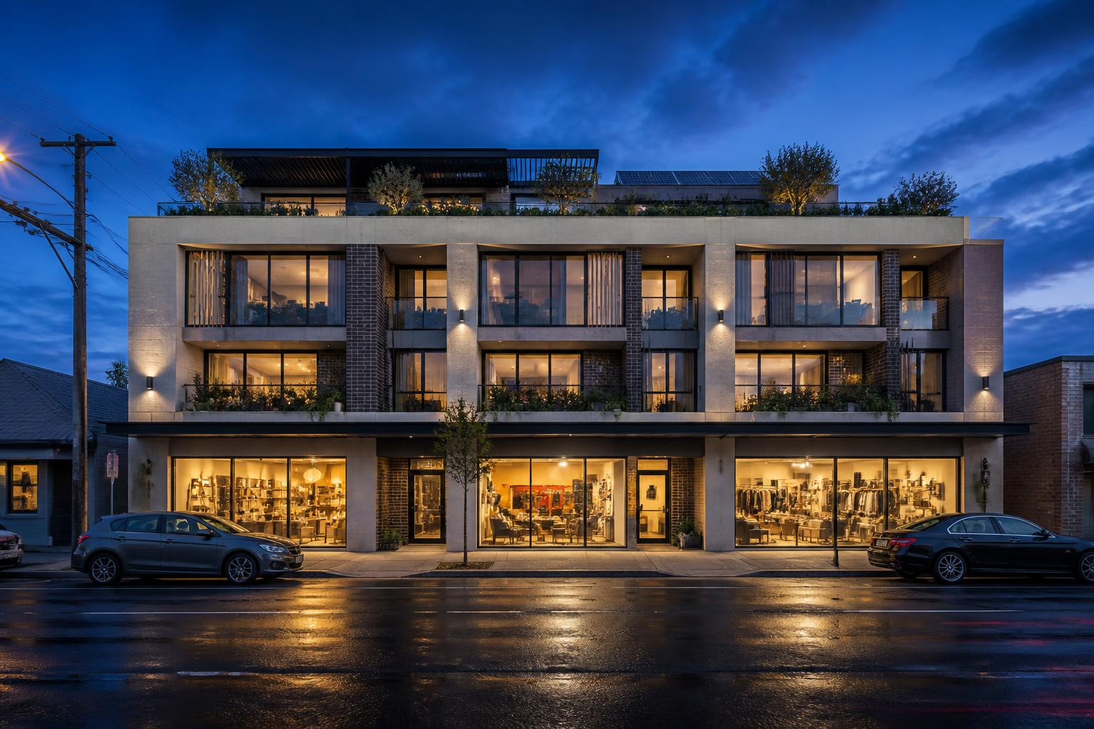 Artist impression of the three-storey mixed-use building from the street at dusk