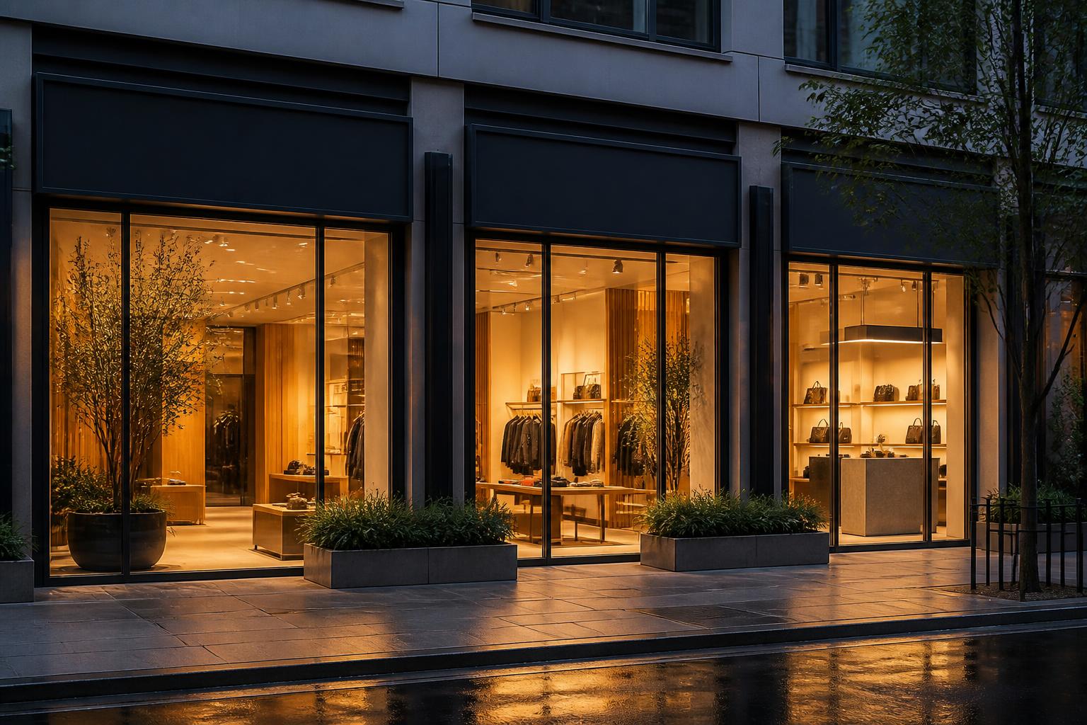 Artist impression of three modern glass-fronted retail shops lit at dusk