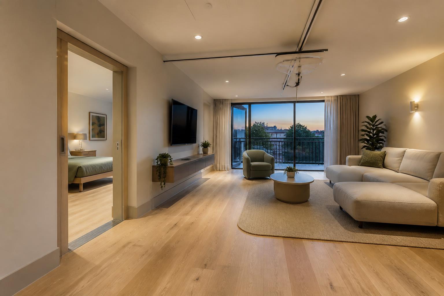 Artist impression of an accessible SDA apartment interior with wide doorways and level access